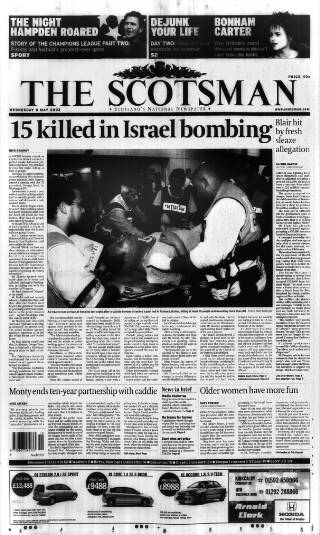 cover page of The Scotsman published on May 8, 2002
