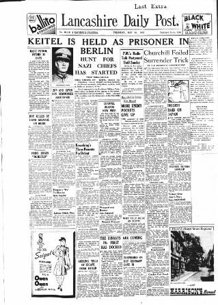 cover page of Lancashire Evening Post published on May 10, 1945