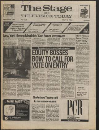 cover page of The Stage published on May 10, 1984