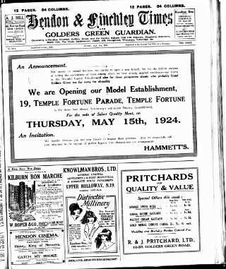 cover page of Hendon & Finchley Times published on May 9, 1924