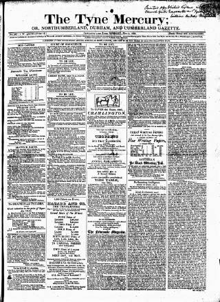 cover page of Tyne Mercury; Northumberland and Durham and Cumberland Gazette published on May 9, 1820