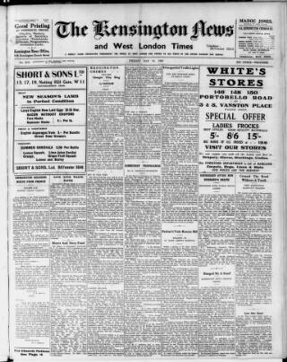cover page of Kensington News and West London Times published on May 10, 1940