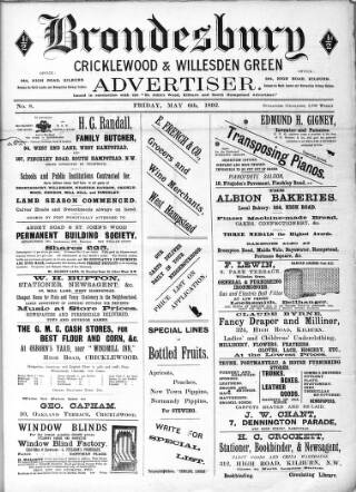 cover page of Brondesbury, Cricklewood & Willesden Green Advertiser published on May 6, 1892