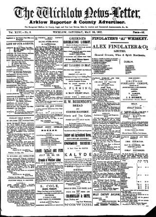 cover page of Wicklow News-Letter and County Advertiser published on May 10, 1902
