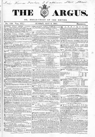 cover page of Argus, or, Broad-sheet of the Empire published on May 9, 1841