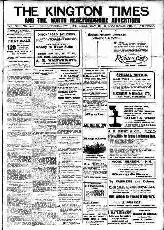 cover page of Kington Times published on May 10, 1919