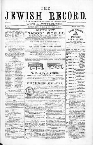 cover page of Jewish Record published on May 27, 1870