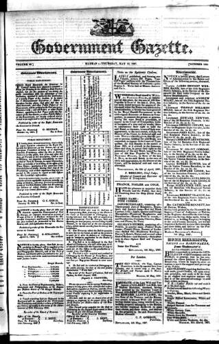 cover page of Government Gazette (India) published on May 10, 1827
