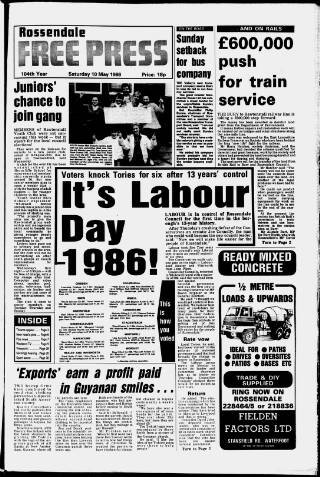 cover page of Rossendale Free Press published on May 10, 1986