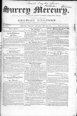 cover page of Surrey Mercury published on May 25, 1847