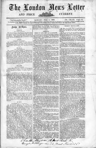 cover page of London News Letter and Price Current published on May 9, 1863