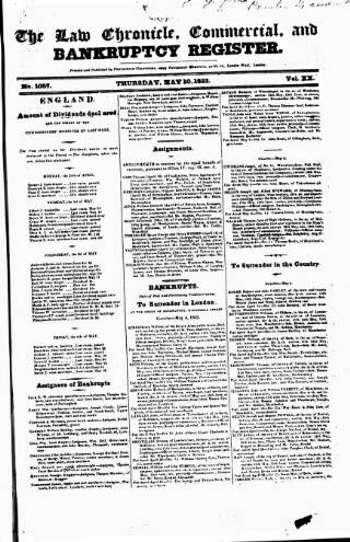 cover page of Law Chronicle, Commercial and Bankruptcy Register published on May 10, 1832