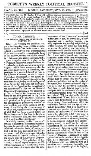 cover page of Cobbett's Weekly Political Register published on May 18, 1805
