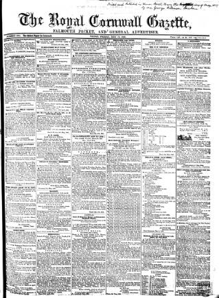 cover page of Royal Cornwall Gazette published on May 18, 1855