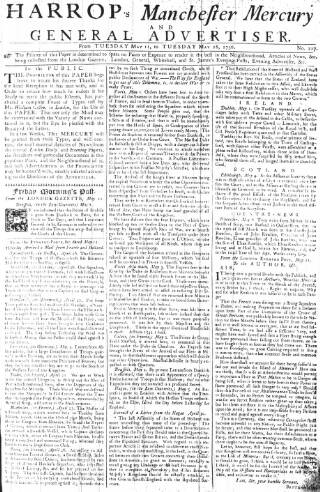 cover page of Manchester Mercury published on May 18, 1756