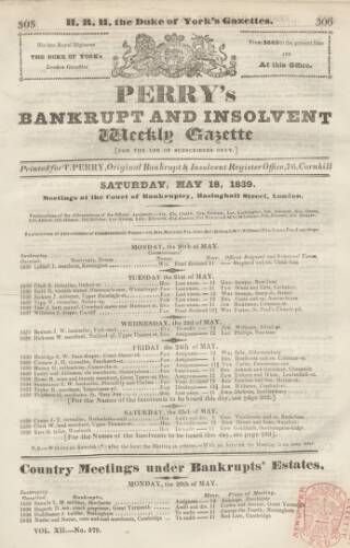 cover page of Perry's Bankrupt Gazette published on May 18, 1839