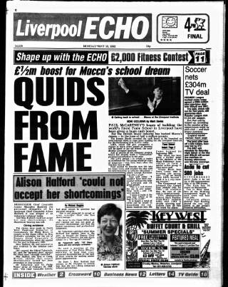 cover page of Liverpool Echo published on May 18, 1992