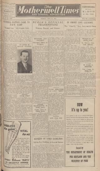 cover page of Motherwell Times published on May 18, 1945