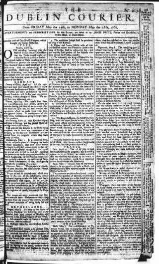 cover page of Dublin Courier published on May 18, 1761