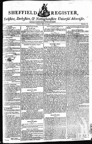 cover page of Sheffield Register published on May 18, 1792