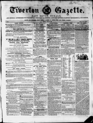 cover page of Tiverton Gazette (Mid-Devon Gazette) published on May 18, 1858