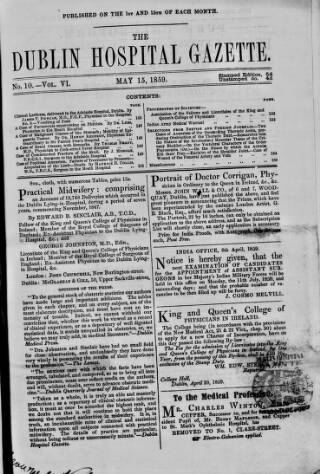 cover page of Dublin Hospital Gazette published on May 15, 1859