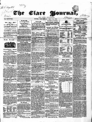 cover page of Clare Journal, and Ennis Advertiser published on May 18, 1854