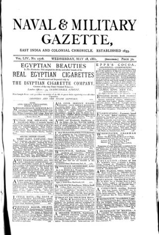 cover page of Naval & Military Gazette and Weekly Chronicle of the United Service published on May 18, 1881