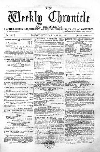 cover page of Weekly Chronicle (London) published on May 18, 1867