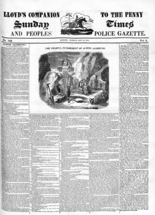 cover page of Lloyd's Companion to the Penny Sunday Times and Peoples' Police Gazette published on May 26, 1844