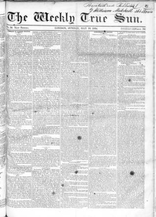 cover page of Weekly True Sun published on May 18, 1834
