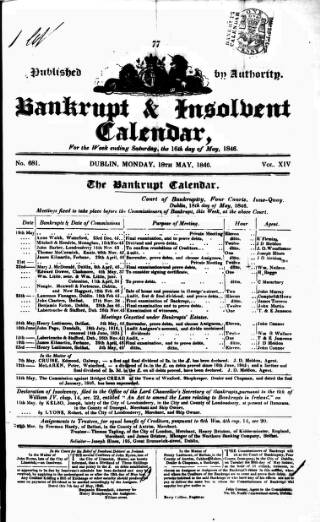 cover page of Bankrupt & Insolvent Calendar published on May 18, 1846