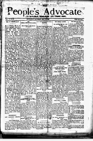 cover page of People's Advocate and Monaghan, Fermanagh, and Tyrone News published on May 18, 1889