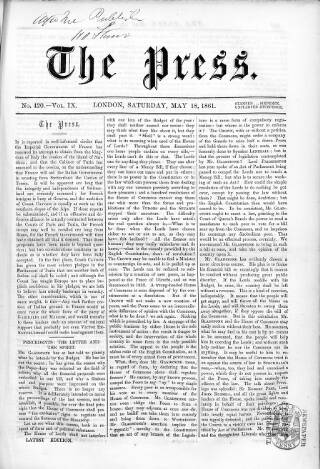 cover page of Press (London) published on May 18, 1861
