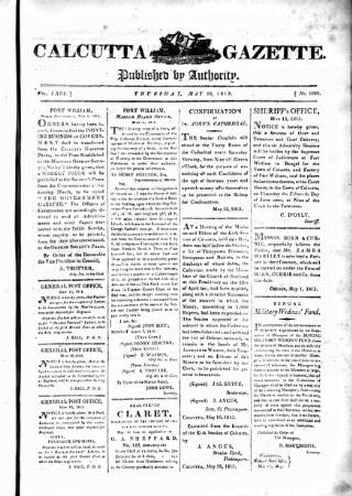 cover page of Calcutta Gazette published on May 18, 1815