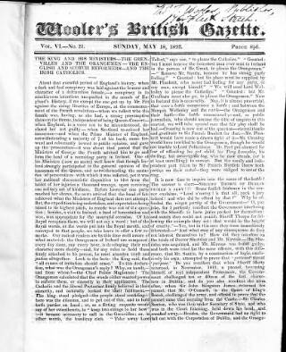 cover page of Wooler's British Gazette published on May 18, 1823