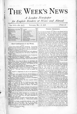 cover page of Week's News (London) published on May 18, 1878