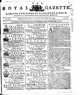 cover page of Royal Gazette of Jamaica published on May 18, 1793