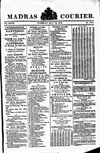 cover page of Madras Courier published on May 18, 1813