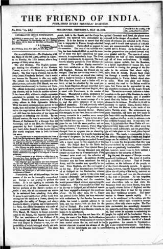 cover page of Friend of India and Statesman published on May 18, 1854