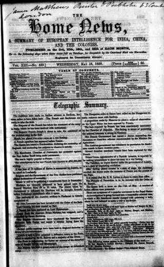 cover page of Home News for India, China and the Colonies published on May 18, 1859
