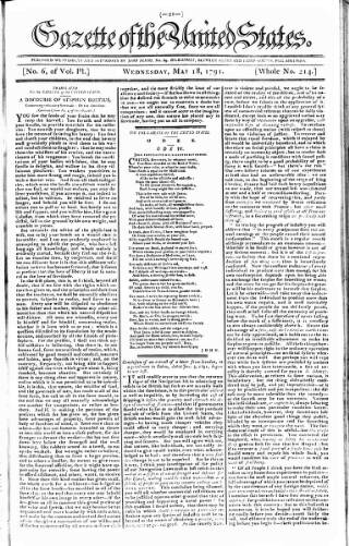 cover page of Gazette of the United States published on May 18, 1791