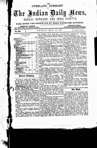 cover page of Indian Daily News published on May 18, 1877