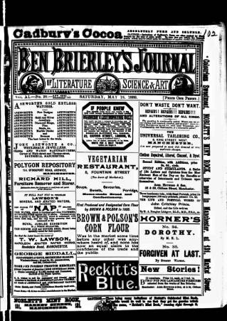 cover page of Ben Brierley's Journal published on May 18, 1889
