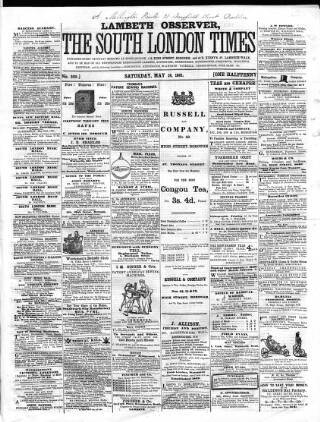 cover page of South London Times and Lambeth Observer published on May 18, 1861