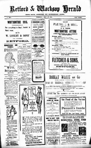 cover page of Retford and Worksop Herald and North Notts Advertiser published on May 18, 1915