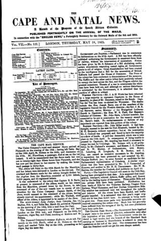cover page of Cape and Natal News published on May 18, 1865