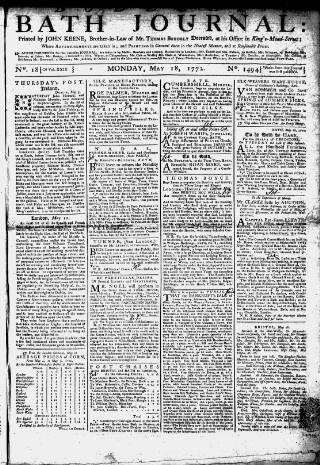 cover page of Bath Journal published on May 18, 1772