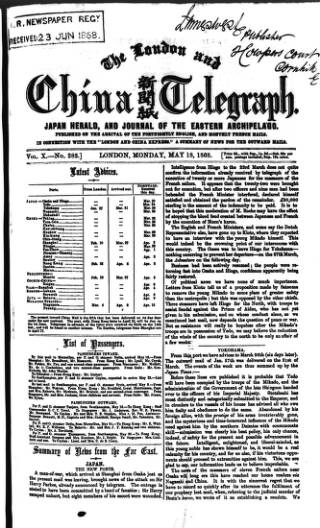cover page of London and China Telegraph published on May 18, 1868