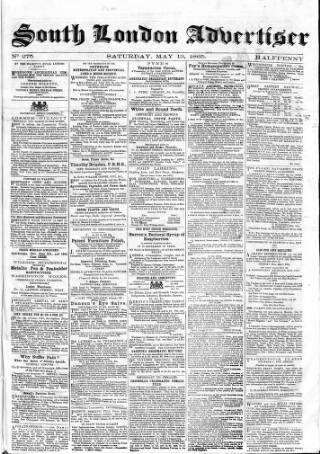 cover page of South London Advertiser published on May 13, 1865
